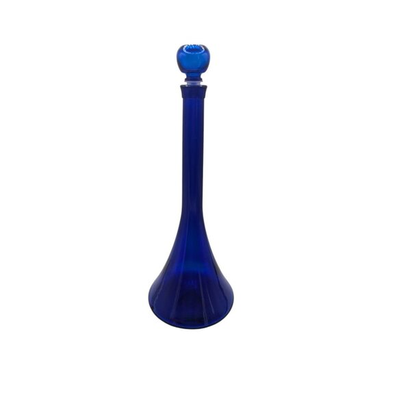 Cobalt Blue Mid Century Glass Decanter /Genie Bottle With Plastic Tip Stopper 15 - Picture 7 of 9